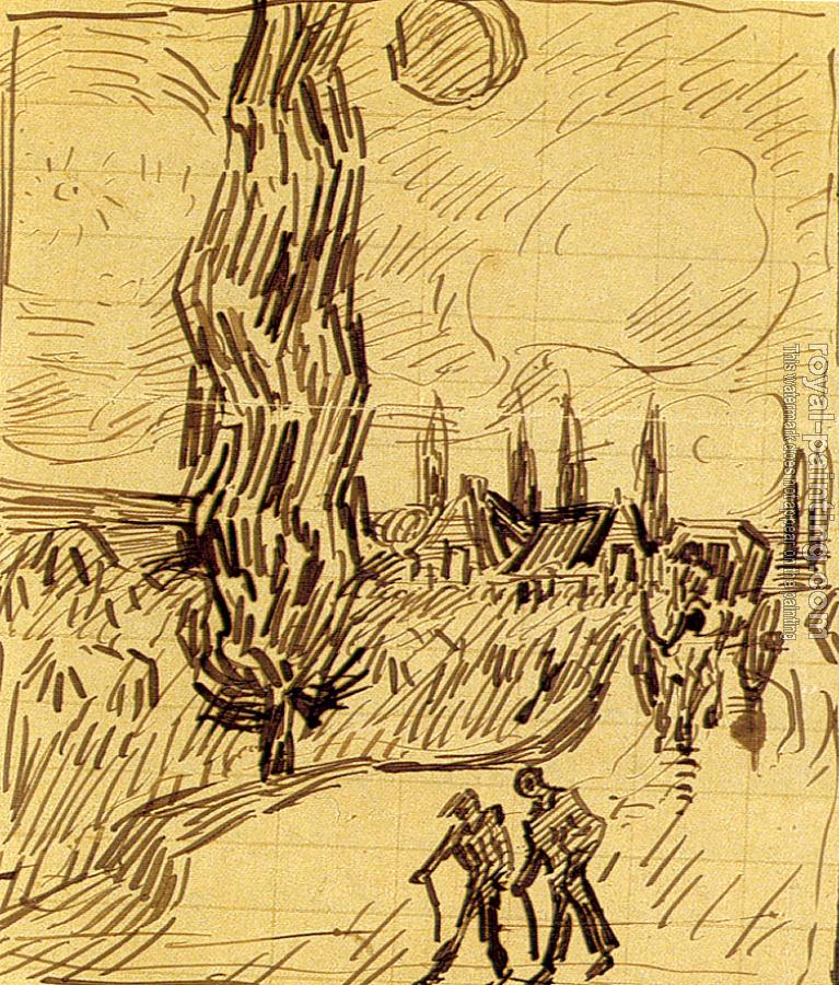 Vincent Van Gogh : Road with Men Walking, Carriage, Cypress, Star, and Crescent Moon